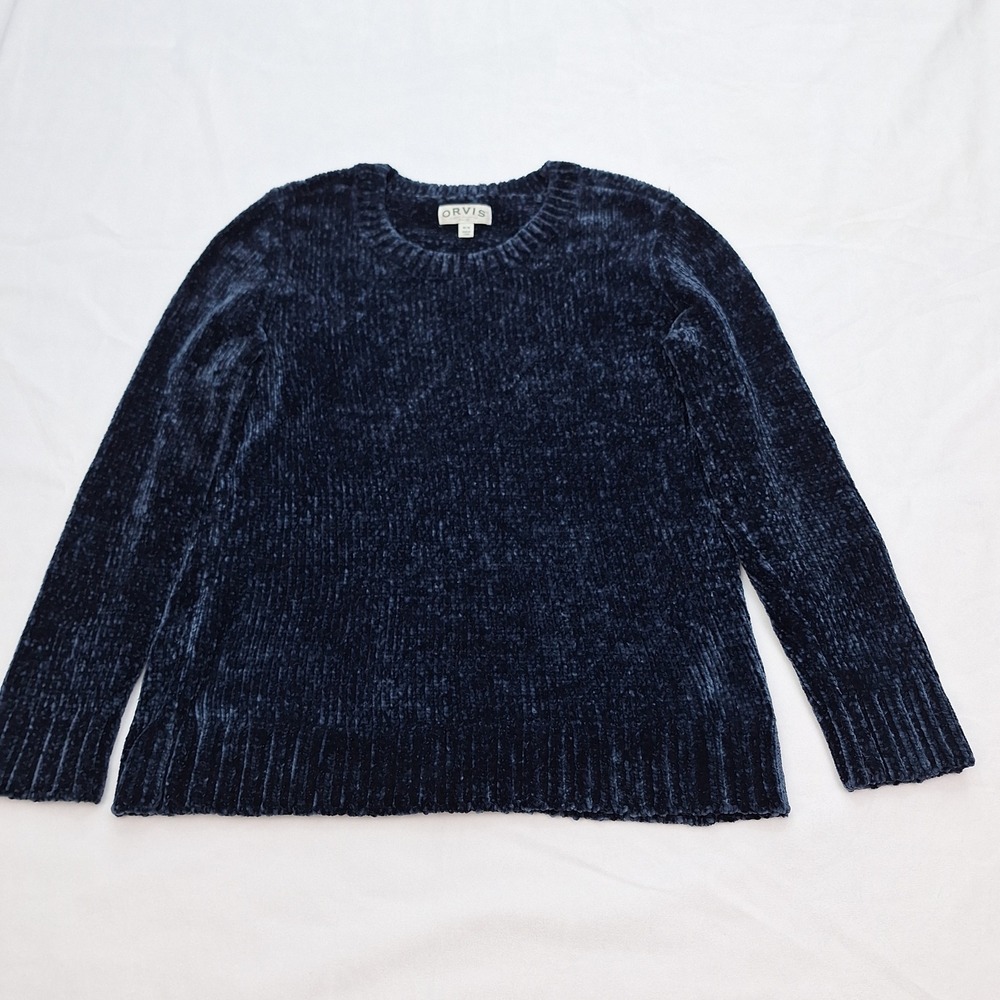 ORVIS Sweater Womens Medium Navy Chenille Chunky‎ Knit Pullover Cozy Soft